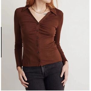Madewell 1X Chocolate Brown Ribbed Collared Button Front Ruched Knit Top Plus